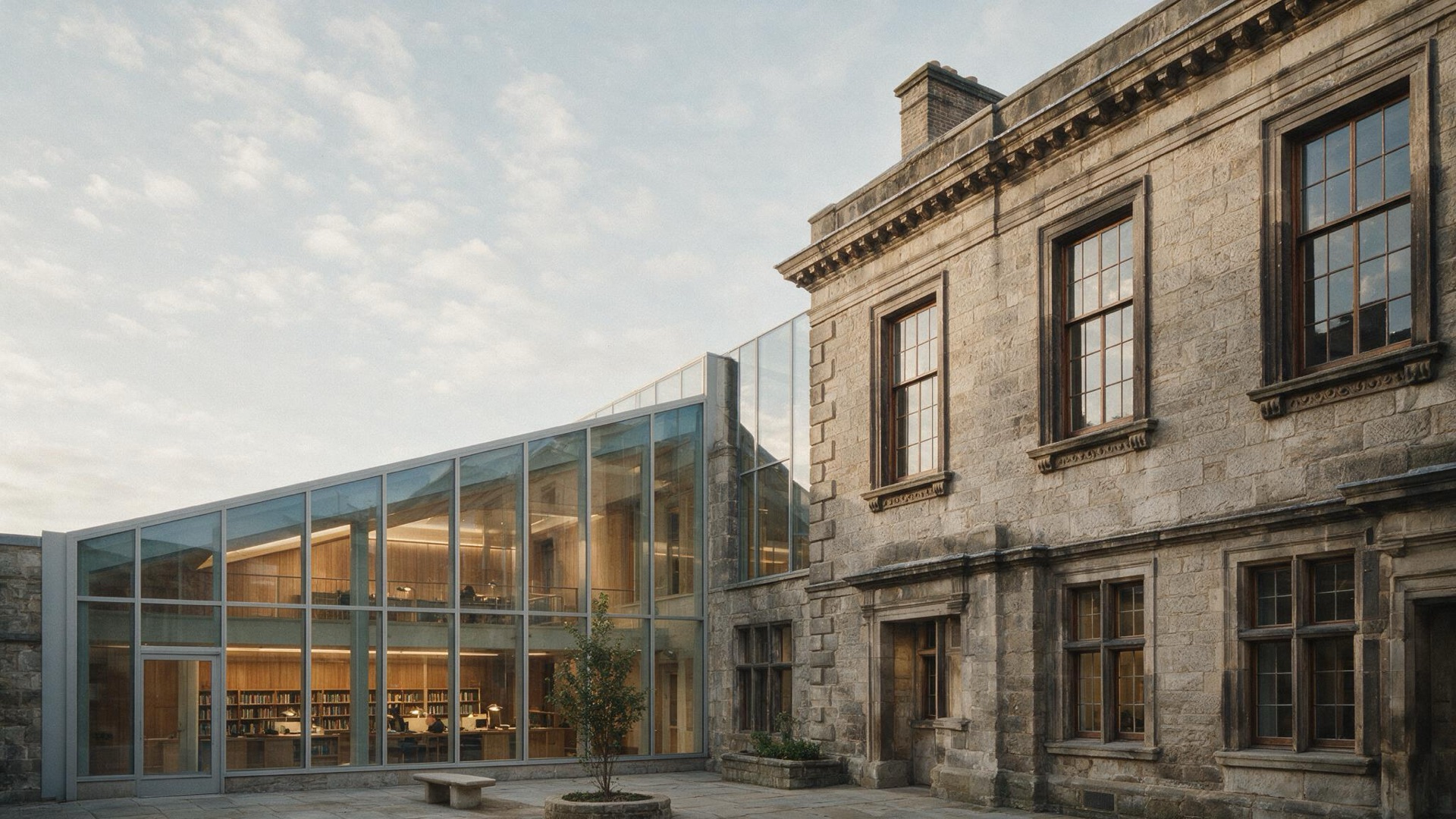 A historic stone facade with a contemporary glass extension joined into it — the old structure intact, the new system visibly added